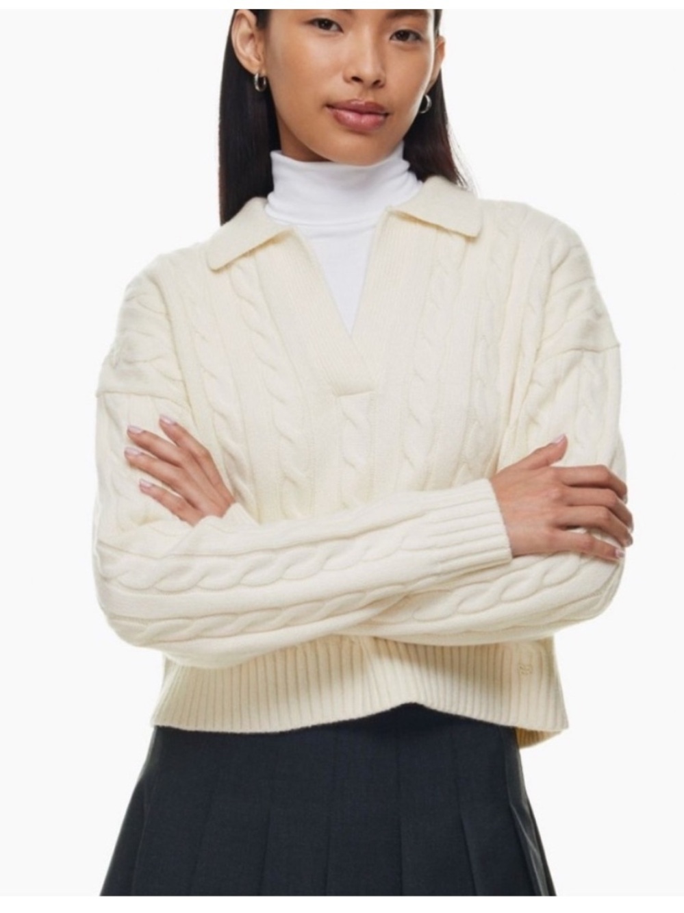 Aritzia Sunday Best Lottie Wool Sweater Cable Knit Collared Polo Cropped XS soft